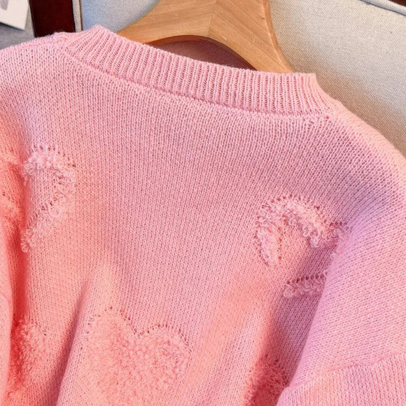 Pink Casual Women's Plus Size Solid Heart Pattern Knitted Sweater - Picture 6 of 8